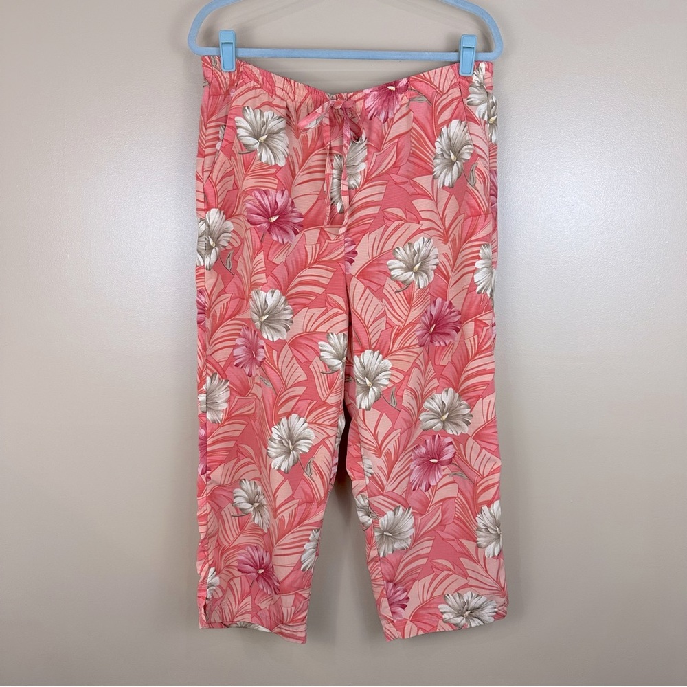 Koret Coral Floral Print Elastic Waist Pull On Crop Pants Large Tropical Travel